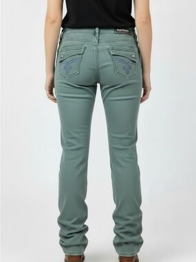 Y2K Rock Revival Johanna Boot Jeans Women’s 31 x 35 Teal Green Long Inseam| RARE